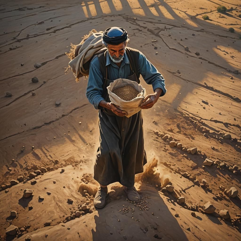 Farmer Sowing Seeds at Sunrise: Oil Painting