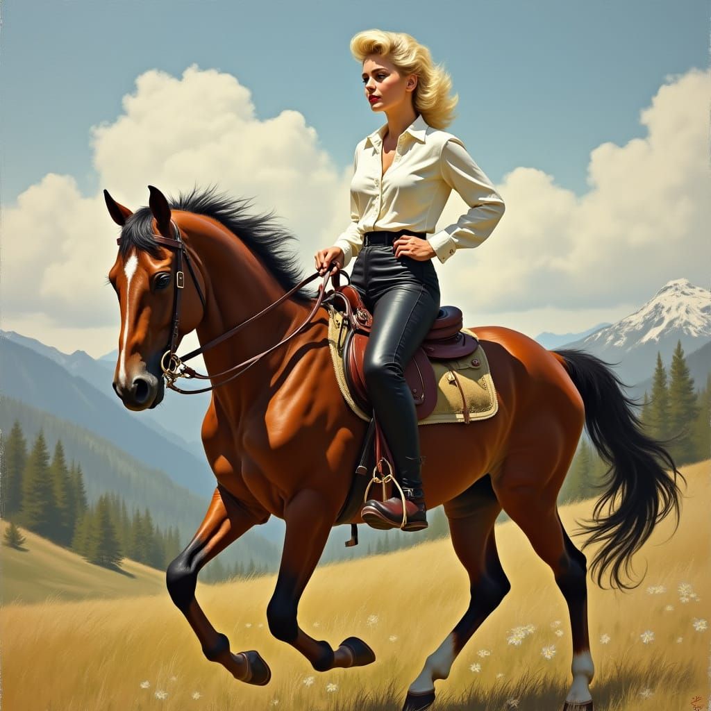 1950s Bombshell Rides Horse in Mountain Meadow Oil Painting