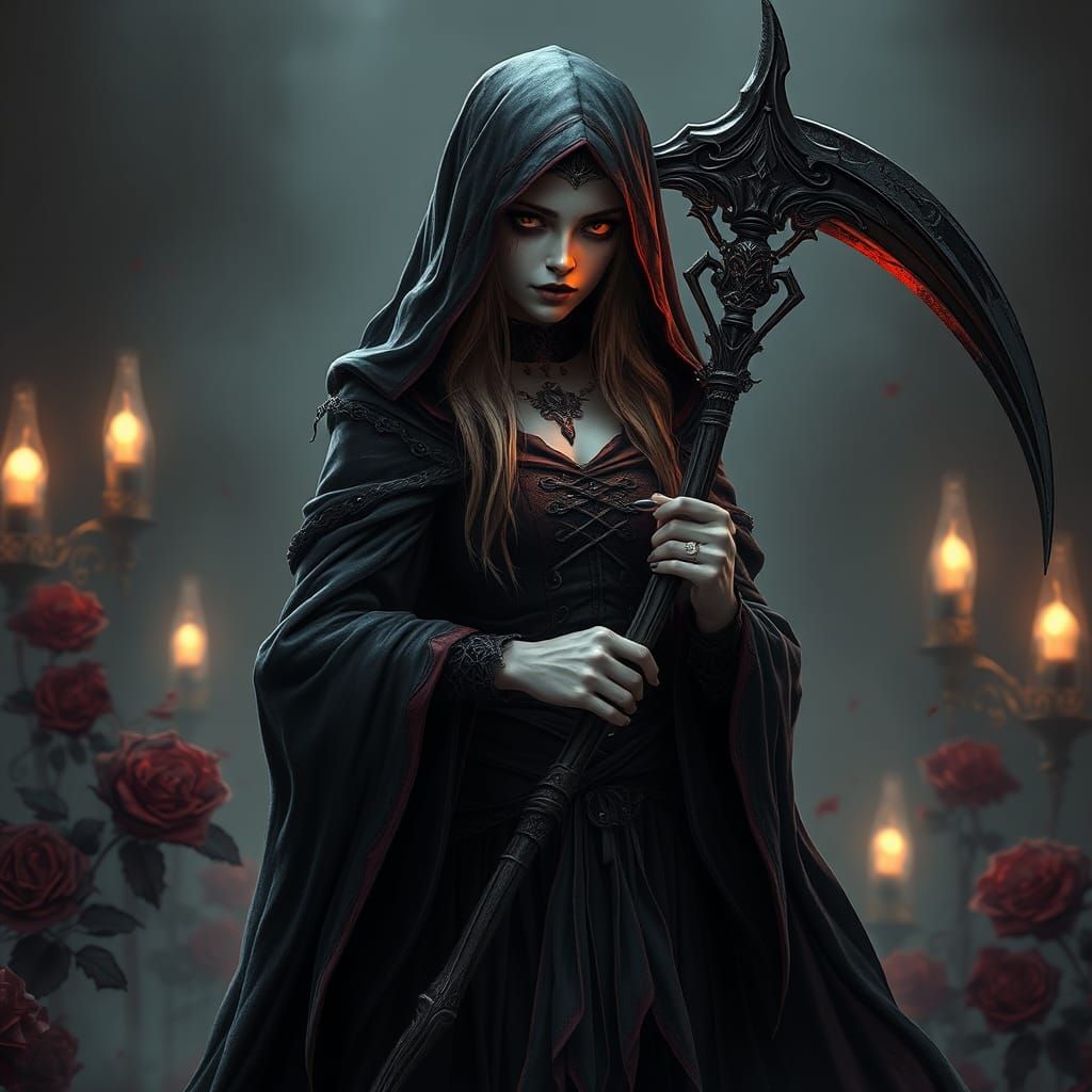 Female Grim Reaper with Bloody Roses, Matte Painting
