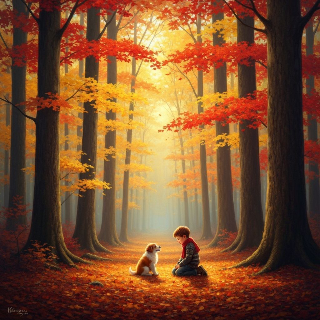 Boy and Puppy in Luminous Autumn Forest