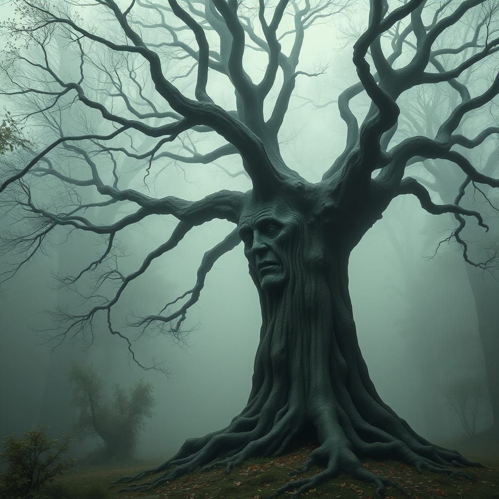 Mystical Tree with Carved Face in Misty Forest