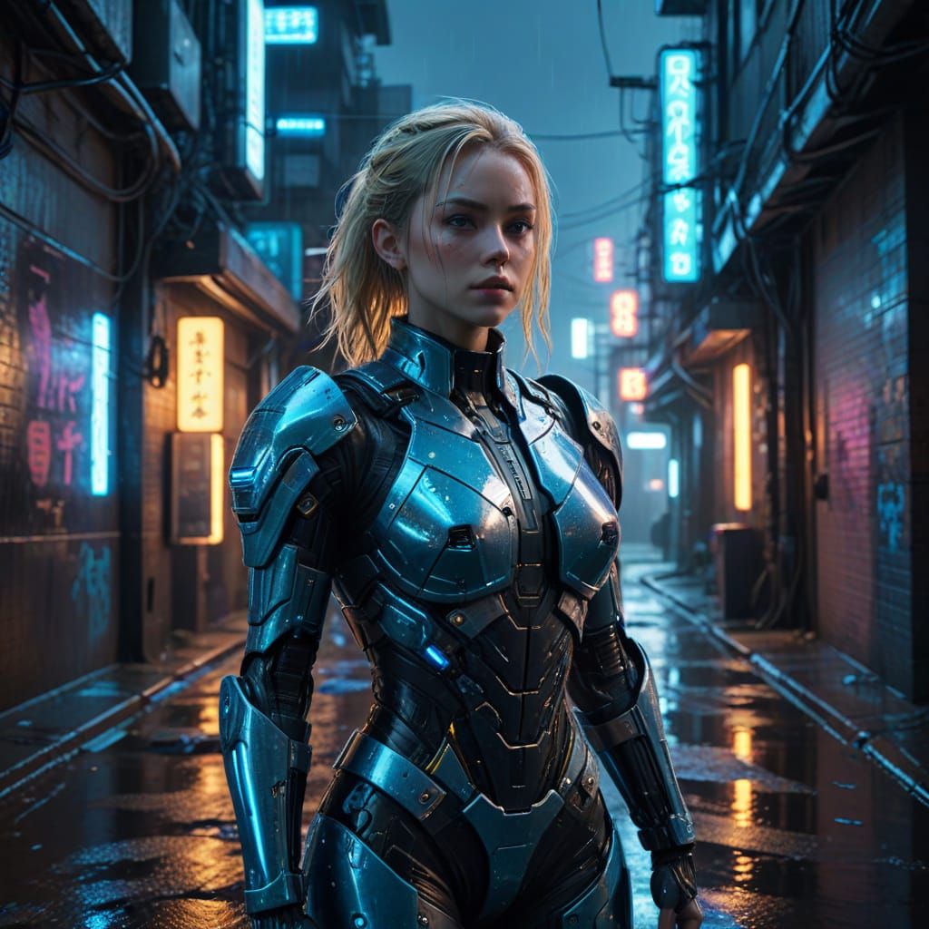 Cyberpunk Android Goddess in Neon Alley