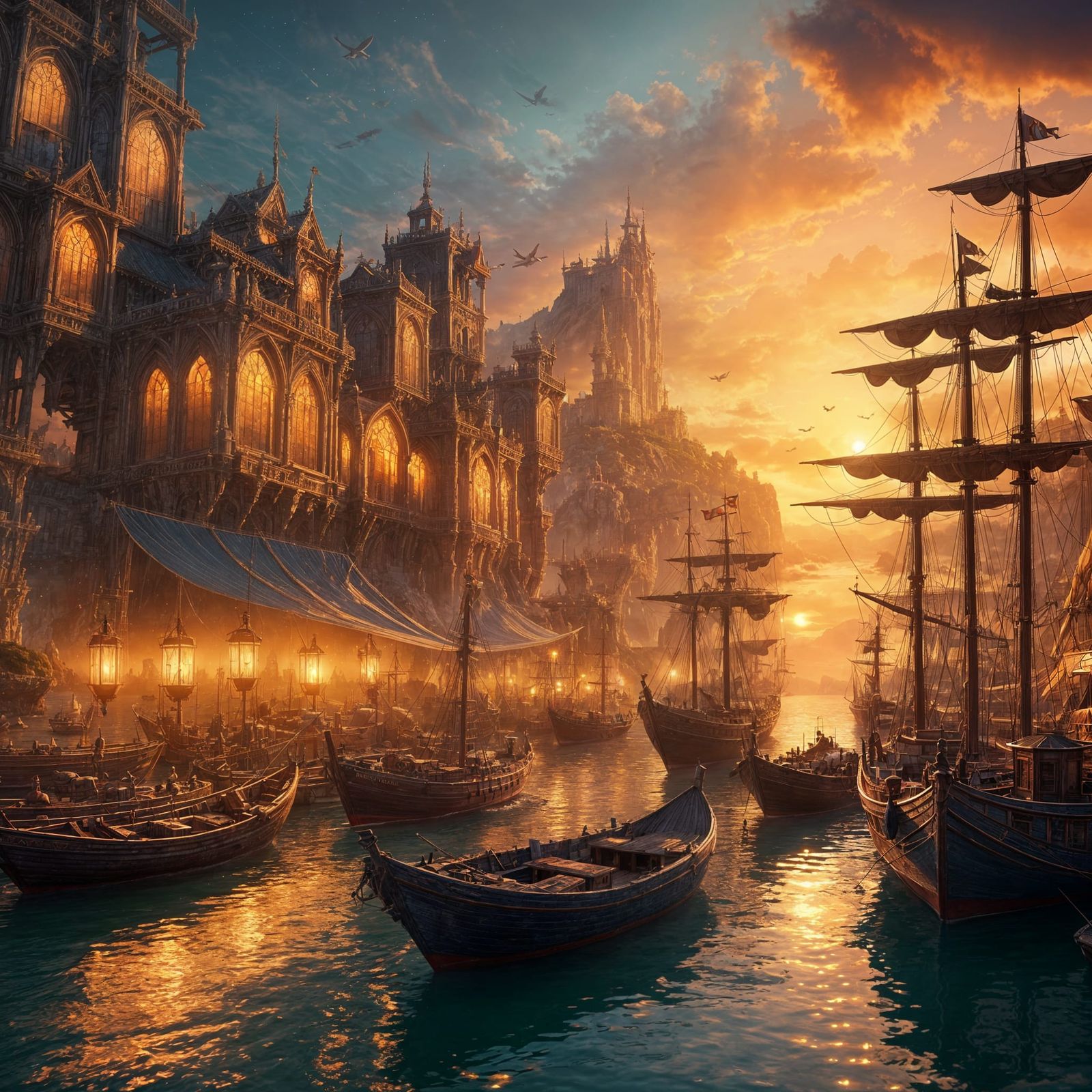 Fantasy Harbour at Sunset: Detailed Matte Painting