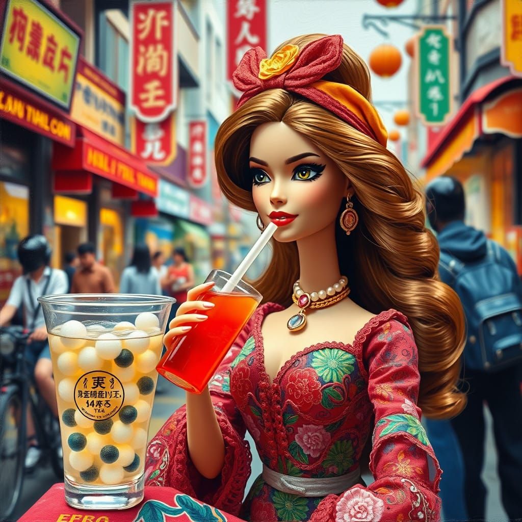 Vibrant Barbie in Taiwanese Streetscape Drinks Peral Bubble...