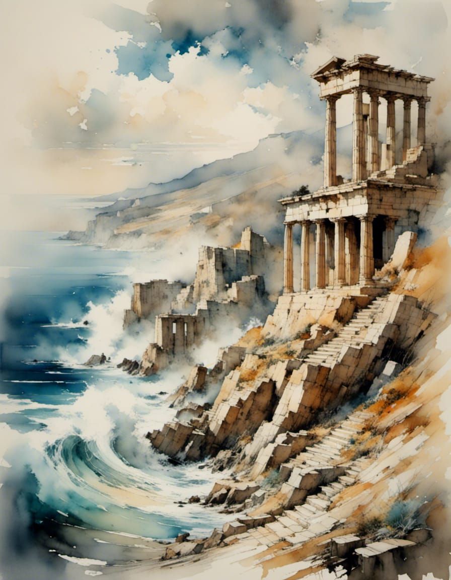 Stormy Seascape with Ancient Greek Ruins