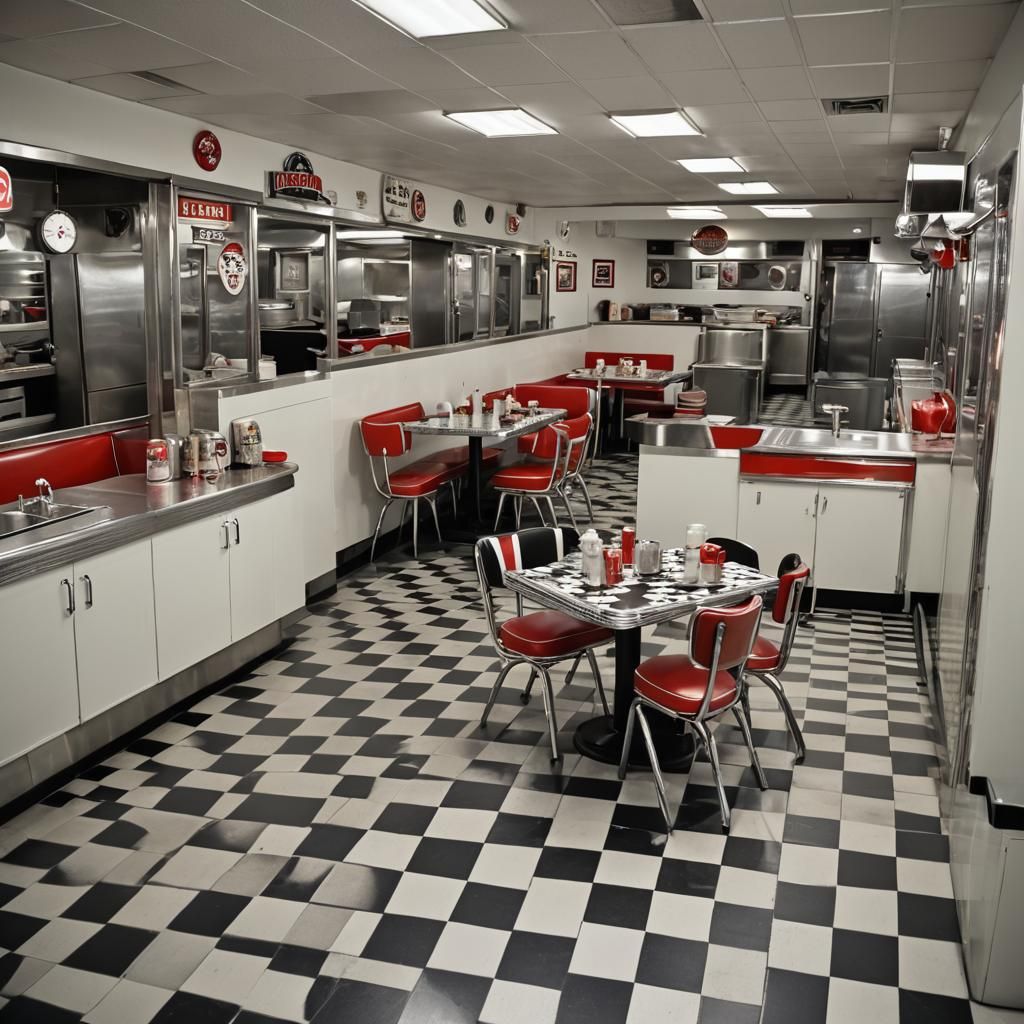 Vintage 1950s Diner Interior with Checkerboard Floor