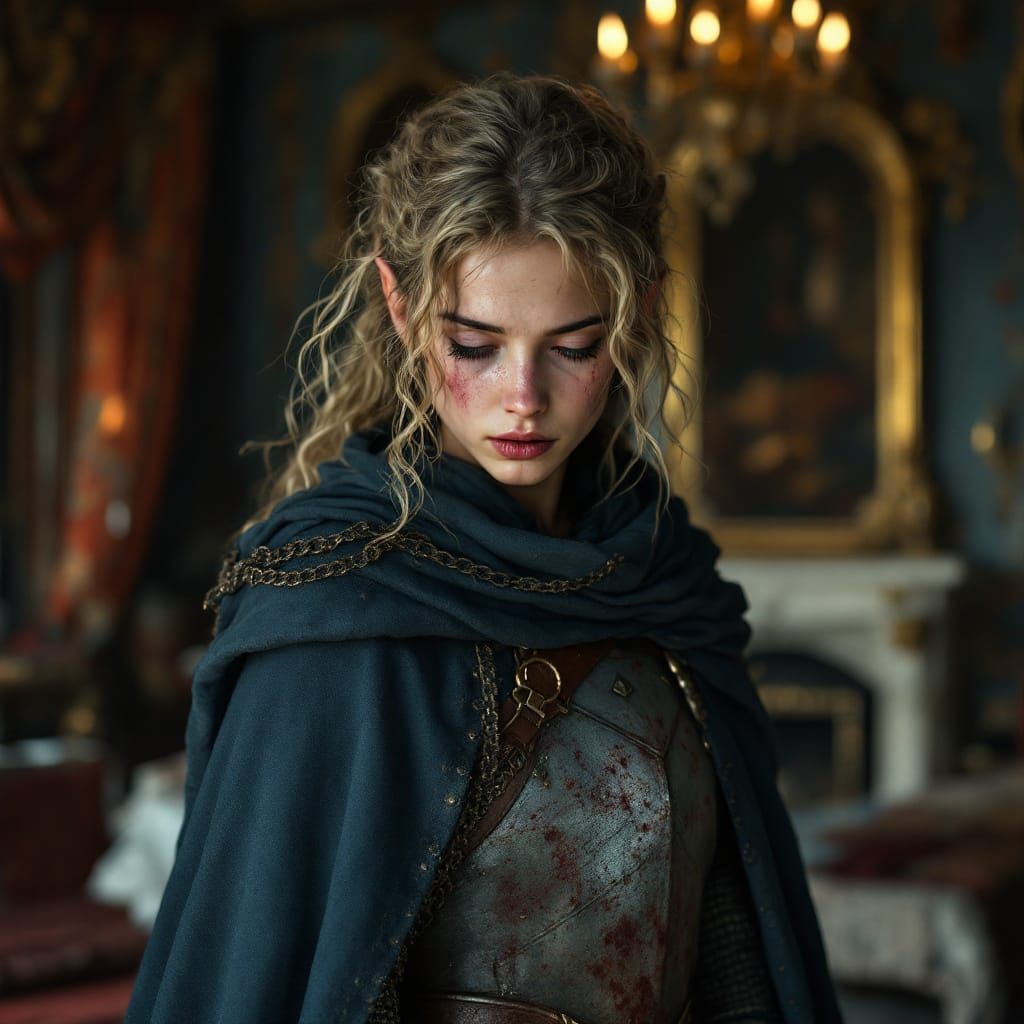 Weary Elf in Opulent Medieval Bedroom