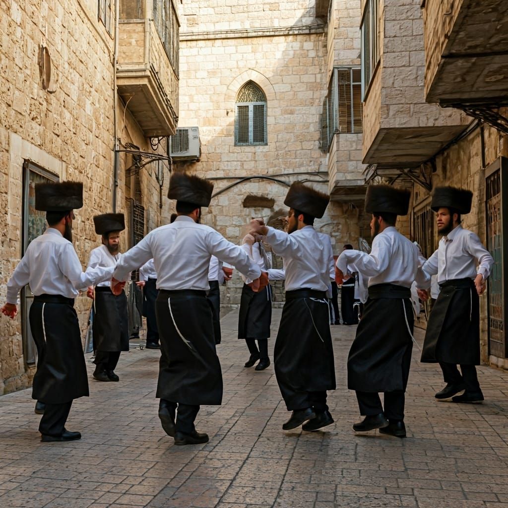 Hasidic Men Dancing in Jerusalem Street