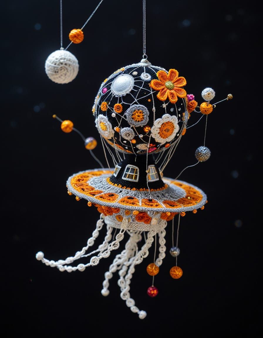 Klimt-Inspired Crochet Spacecraft in Cosmic Display