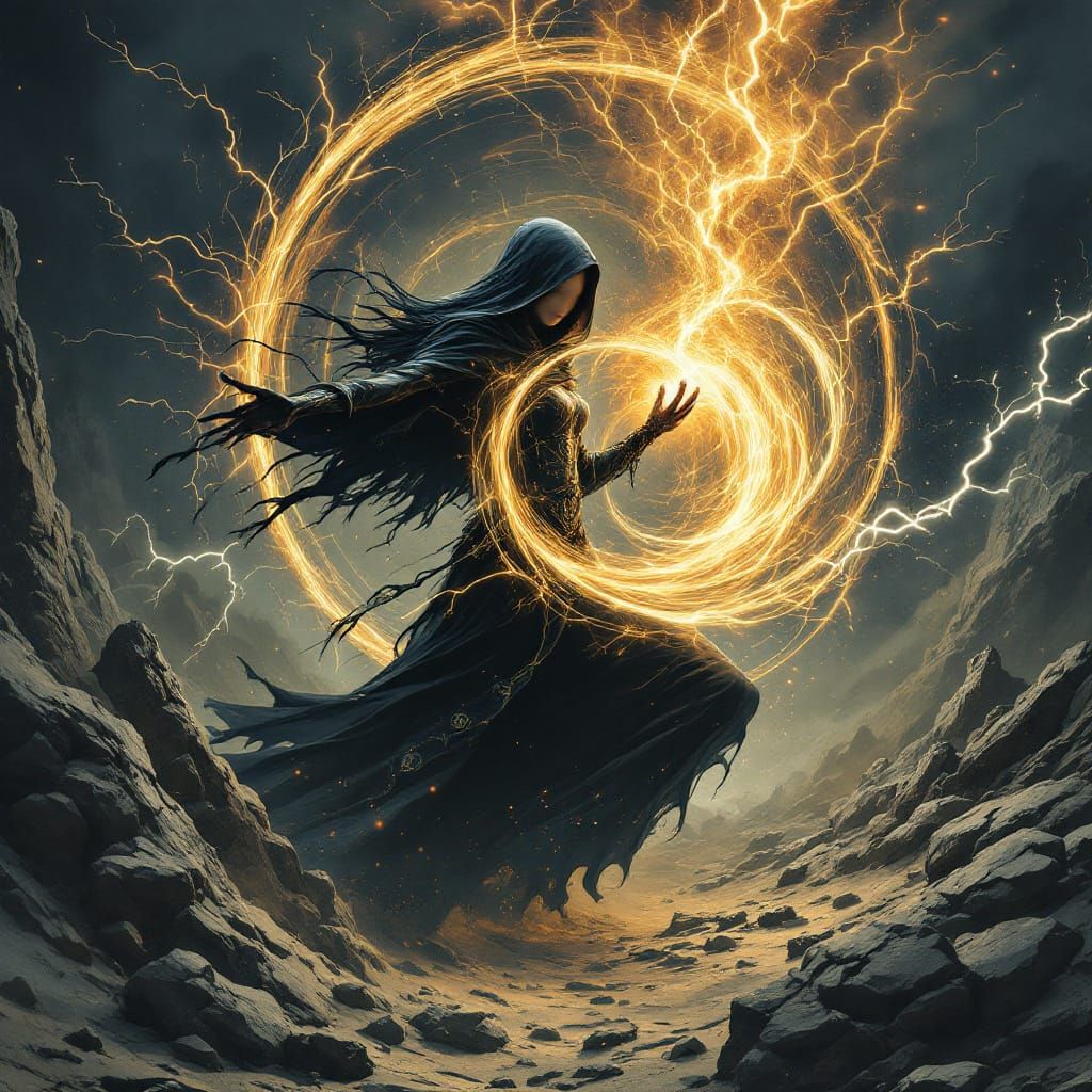 Powerful Sorceress Conjures Energy Vortex in Wasteland