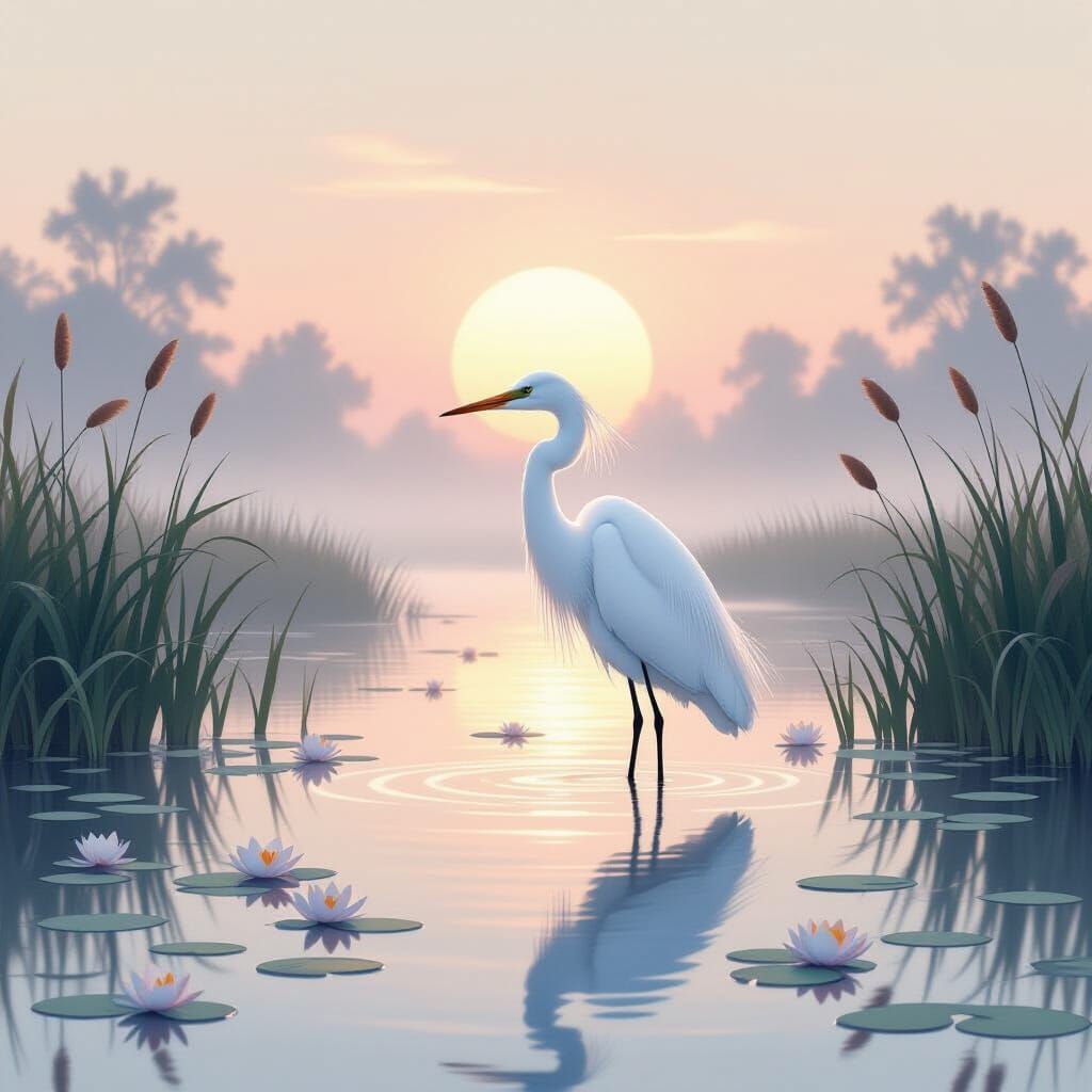 Majestic Egret in Misty Marsh at Dawn - Fairy Tale Illustrat...