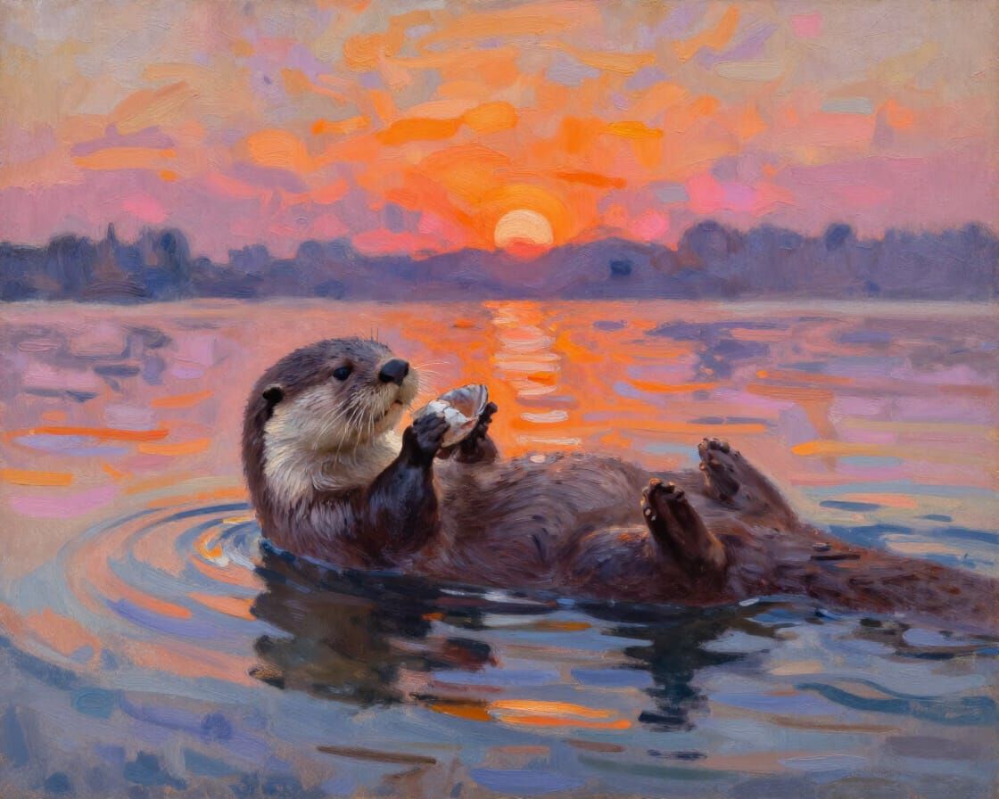 Impressionistic Otter Floats in Sunset Lake Holding Shell