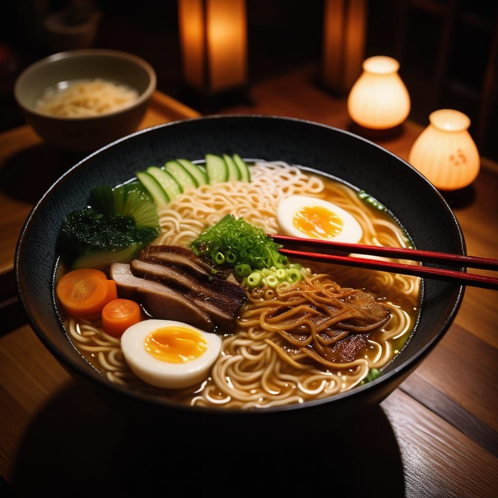 Savory Hyperrealistic Ramen in a Tokyo Rainy Evening Setting