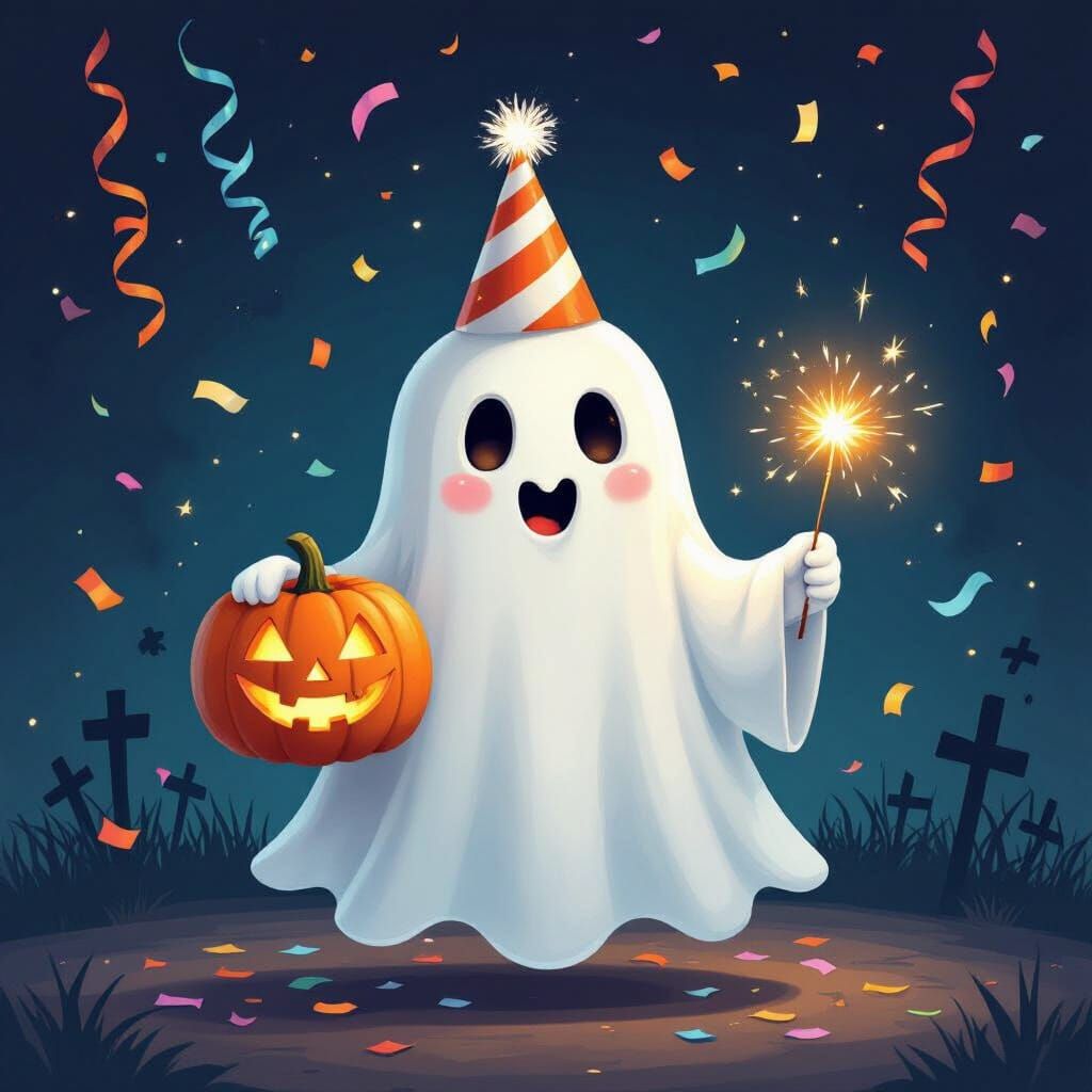 Whimsical Ghost with Pumpkin and Sparkler