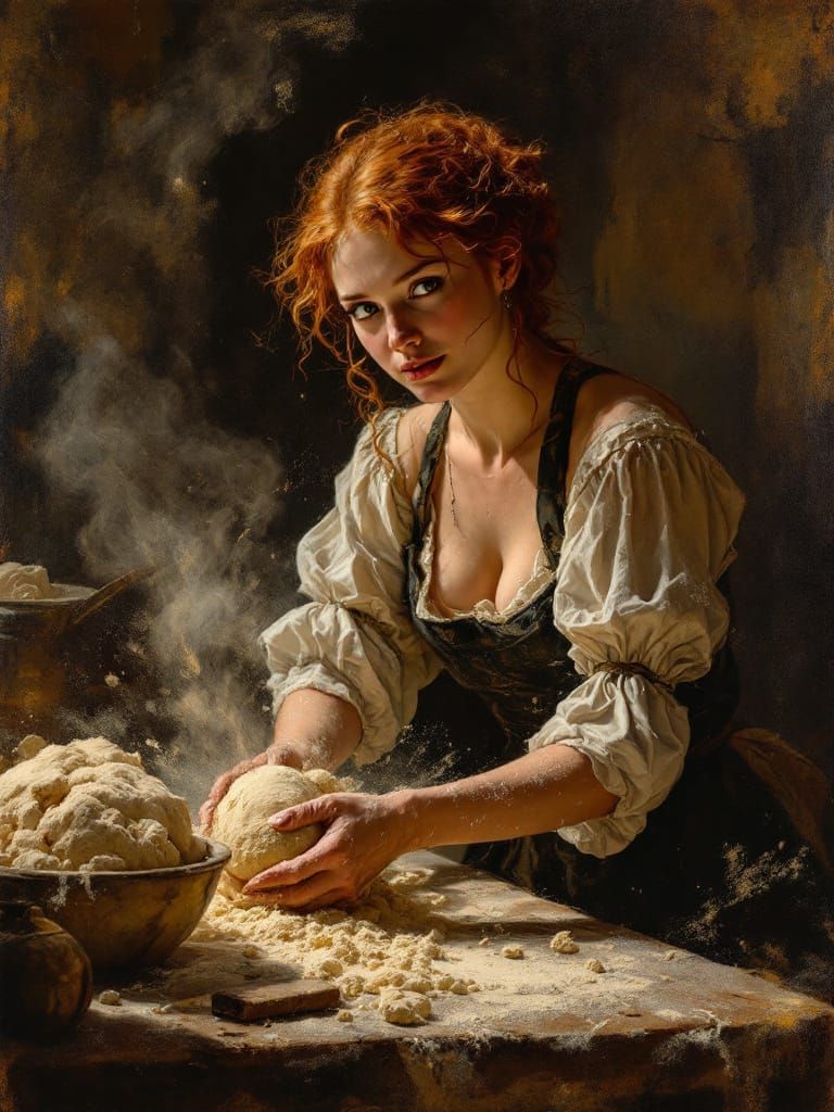 Redhead Baker in Bustling Kitchen, Romantic Style