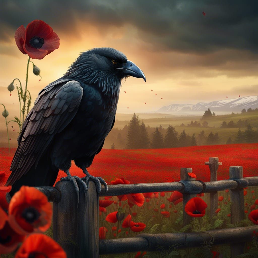 Odin's Raven Hugin in Poppy Field: Digital Painting
