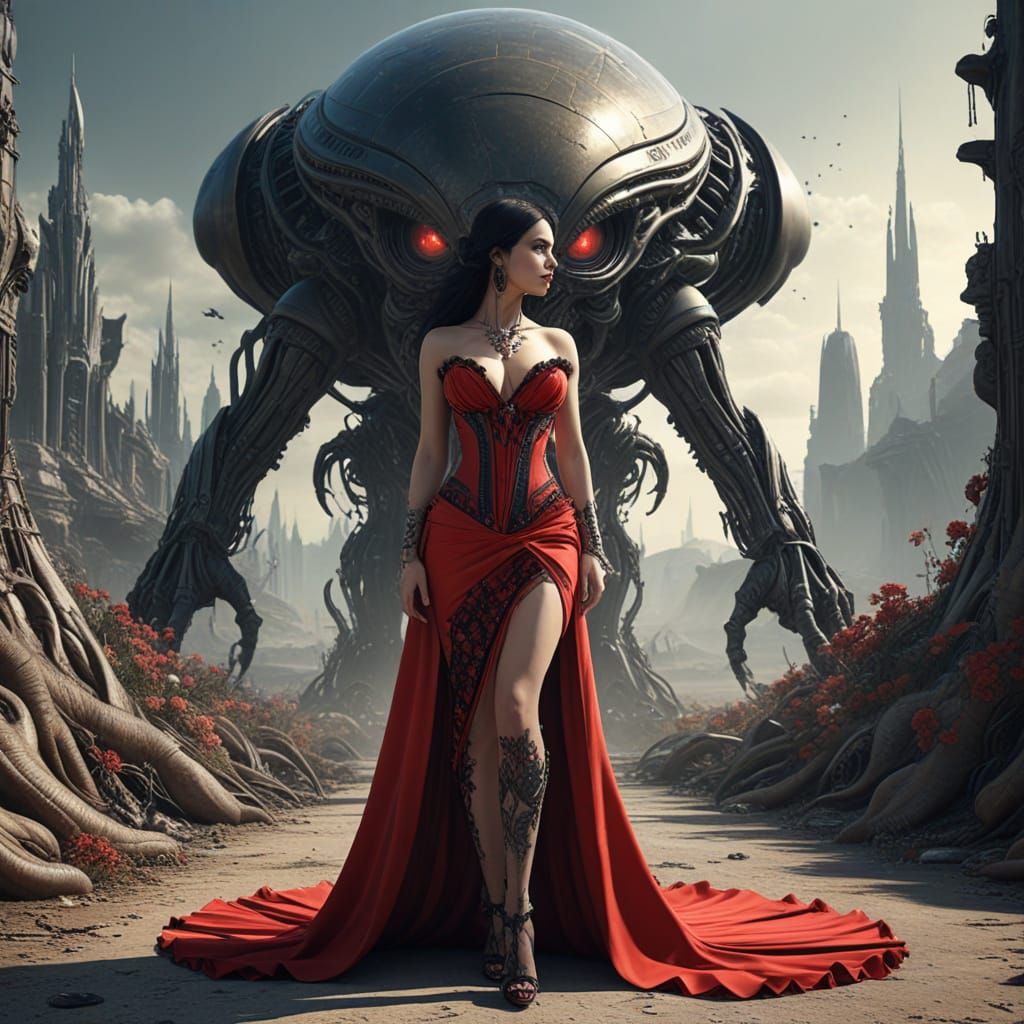 Woman in Elizabethan Red Dress on Alien Planet