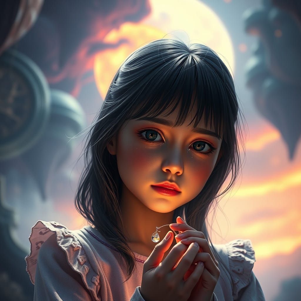 Girl in Tears Holding Delicate Necklace in Fantasy Landscape