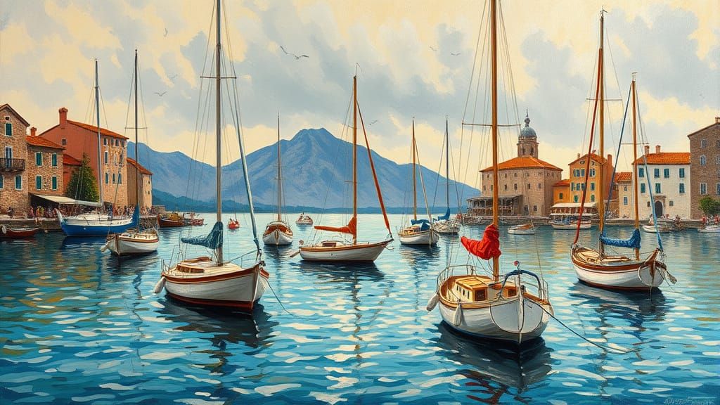 Mediterranean Village Harbor at Sunset in Impasto Style