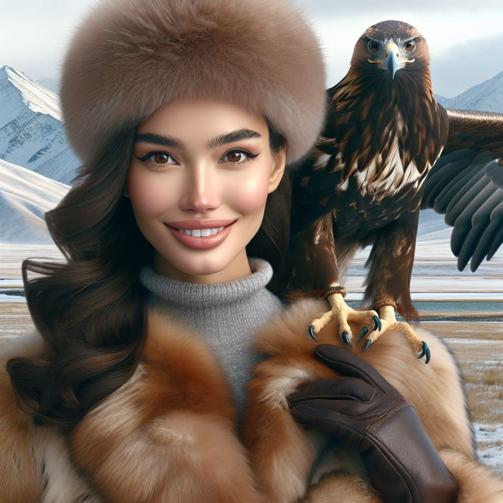 Serene Kazakh Mountainscape with Eagle and Kazakh Woman