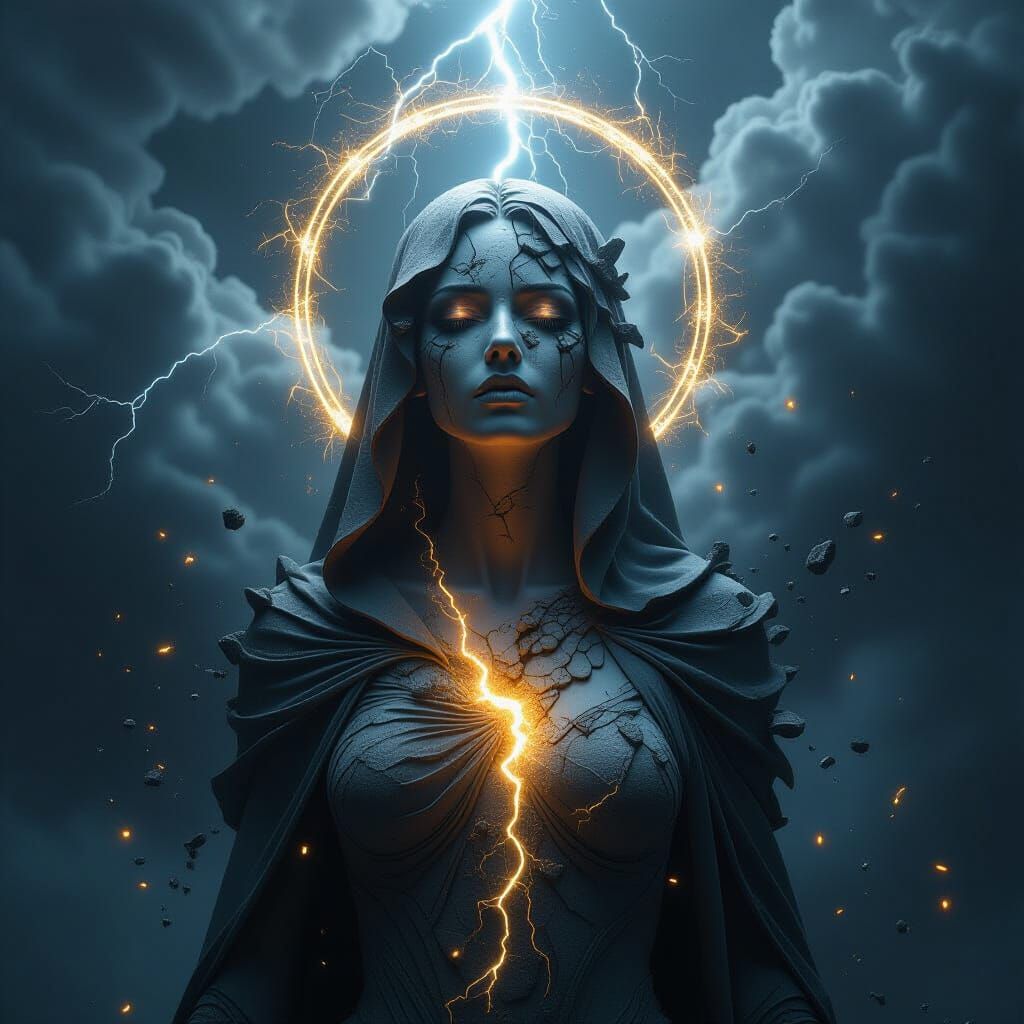 Mythic Stone Figure Emerges from Darkness with Lightning