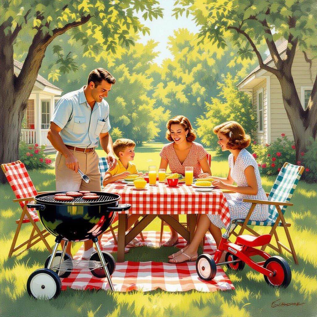 Nostalgic 1960s Family Barbecue Scene