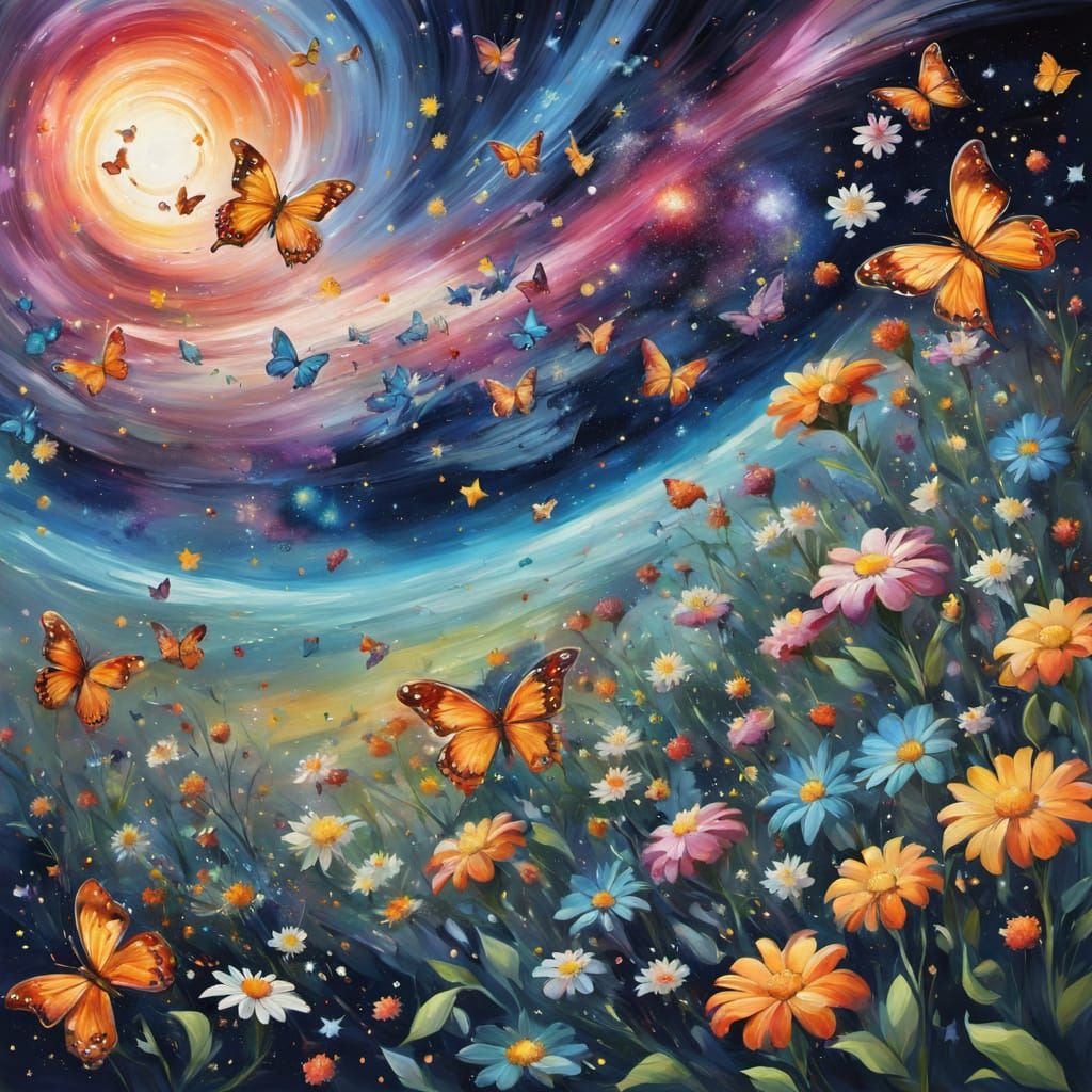 Floral Butterfly Soaring Through Space, Cosmic Oil Painting