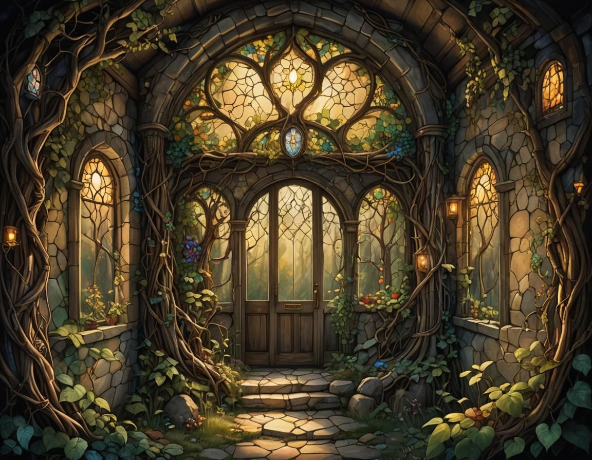 Mystical Biomechanical Cottage Interior with Ethereal Lighti...