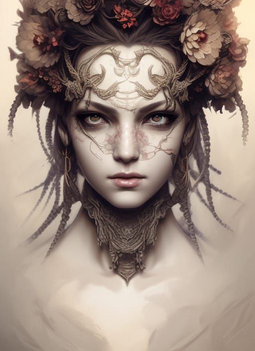 Beautiful Gorgon with Flower Armor, Digital Illustration