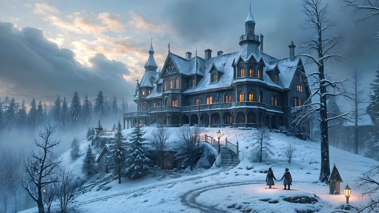 Icy Gothic Mansion in Winter Wonderland