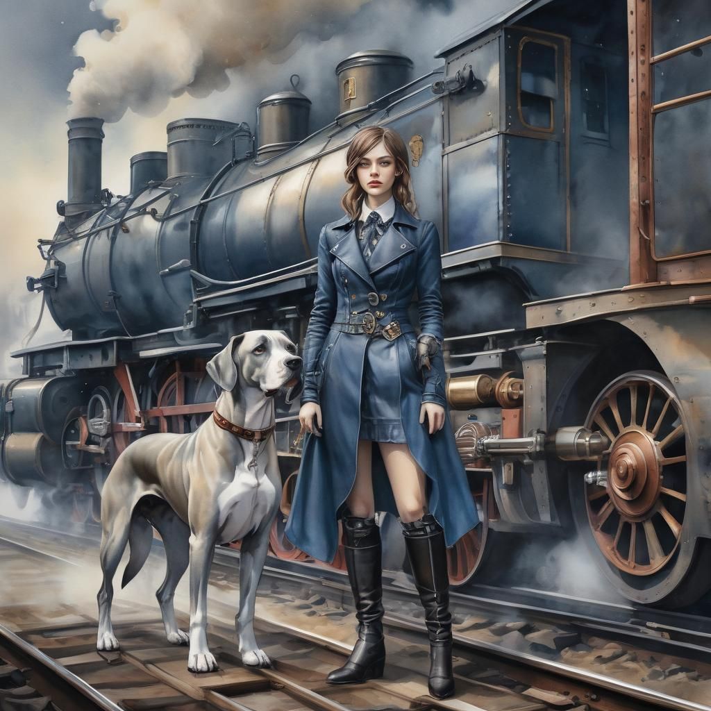 Steampunk Girl and Dog Await Train in Watercolor