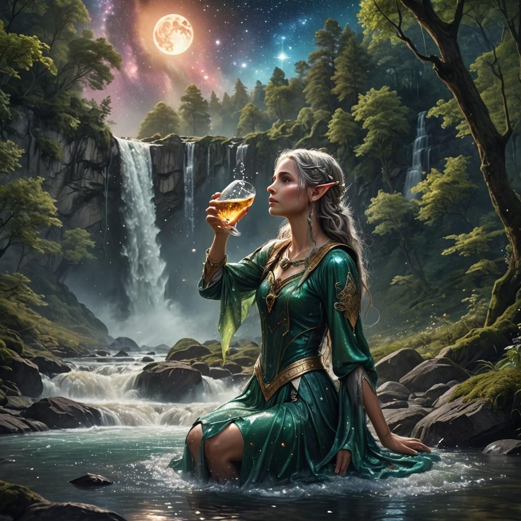 Elven Woman Drinks Under Galaxy Waterfall
