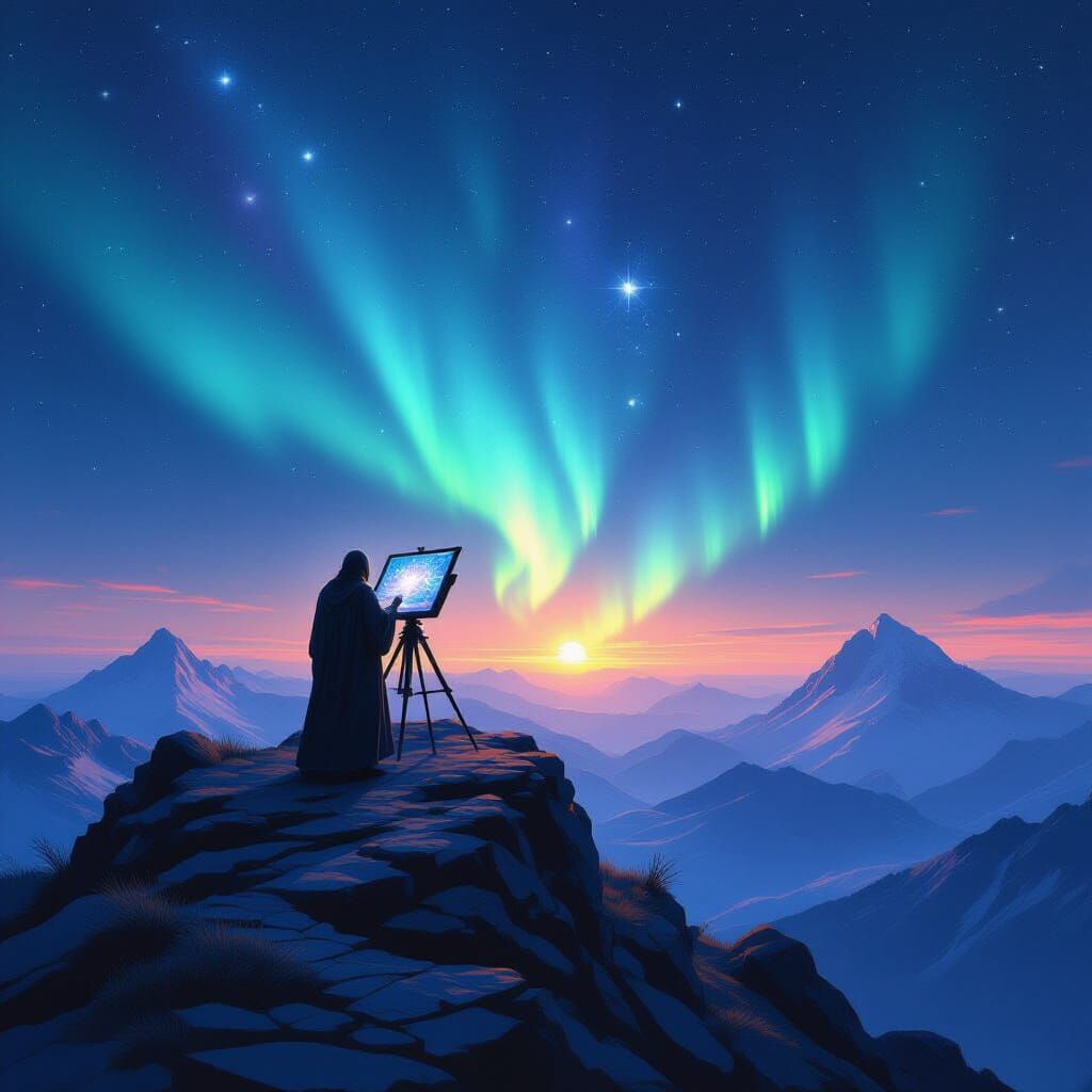 Mystical Observatory Under Cosmic Aurora in Surreal Style