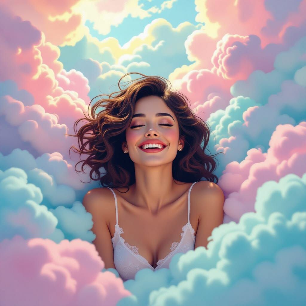 Woman Experiencing Joy Amidst Surreal Pastel Clouds