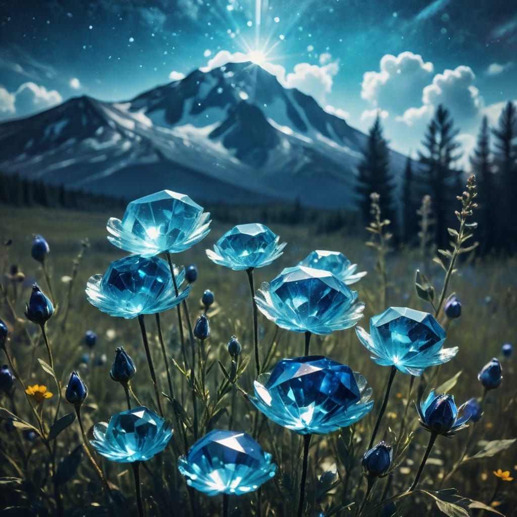 Glowing Cosmic Sapphire Gemstones Amidst Multi-Hued Wildflow...