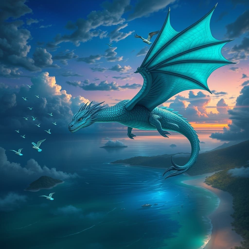 Turquoise Dragon Soaring Through Twilight Sky
