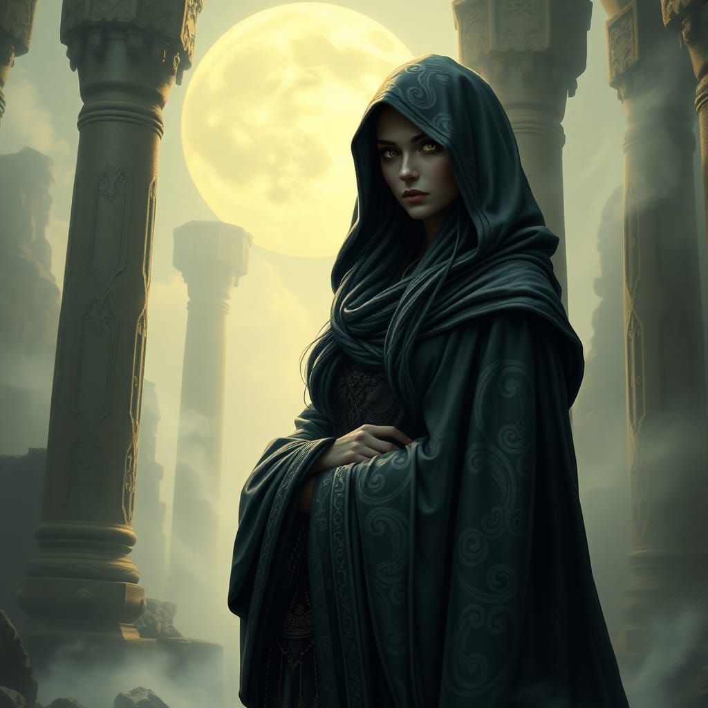 Mysterious Oracle in Moonlit Temple