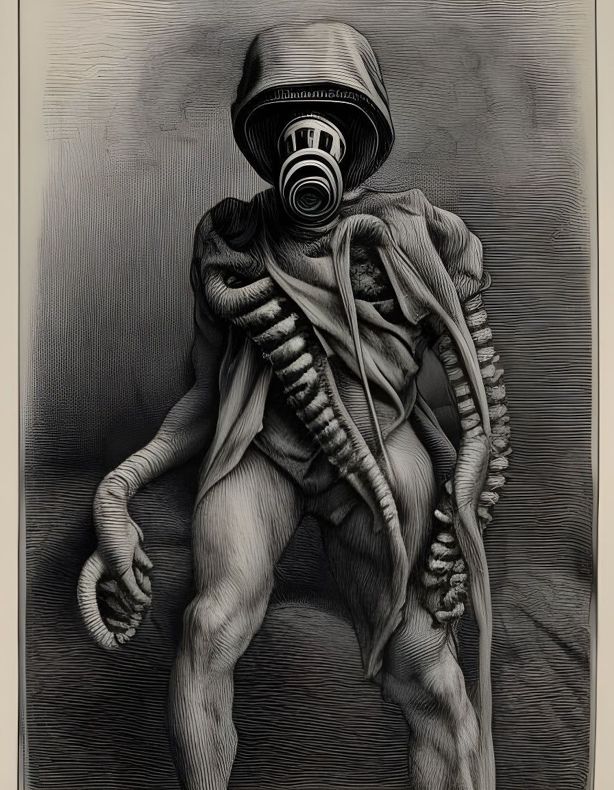 Gas Mask Figure in Etching Horror Style