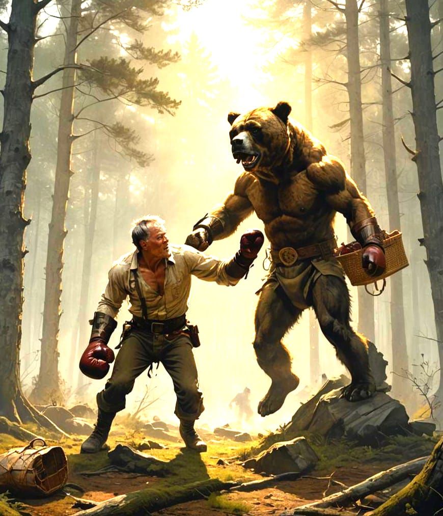 Boxer vs Bear Fight for Picnic, Detailed Matte Painting