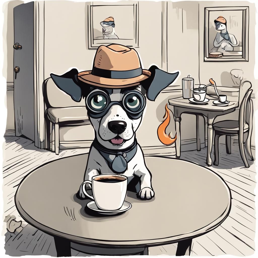Cartoon Dog with Googly Eyes Drinks Coffee