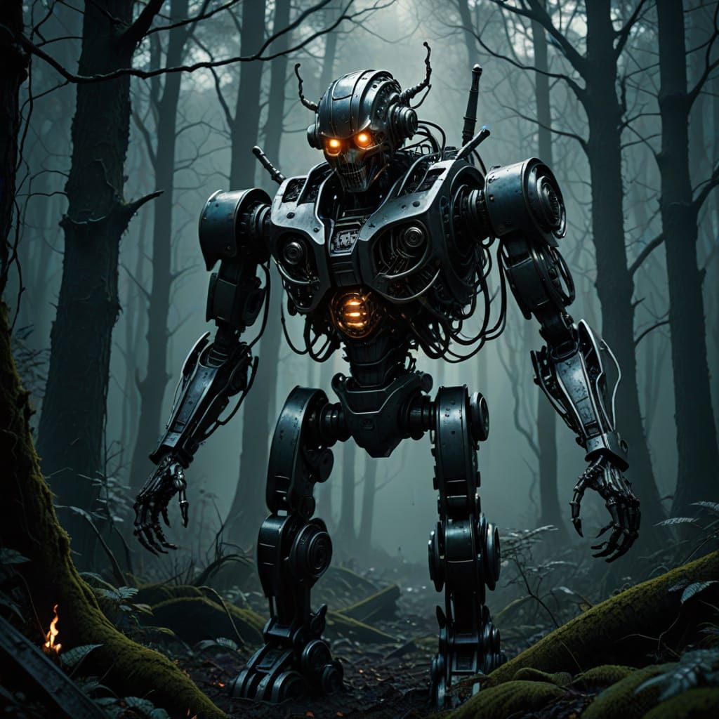Metallic Robot in Twilight Fantasy Horror Scene