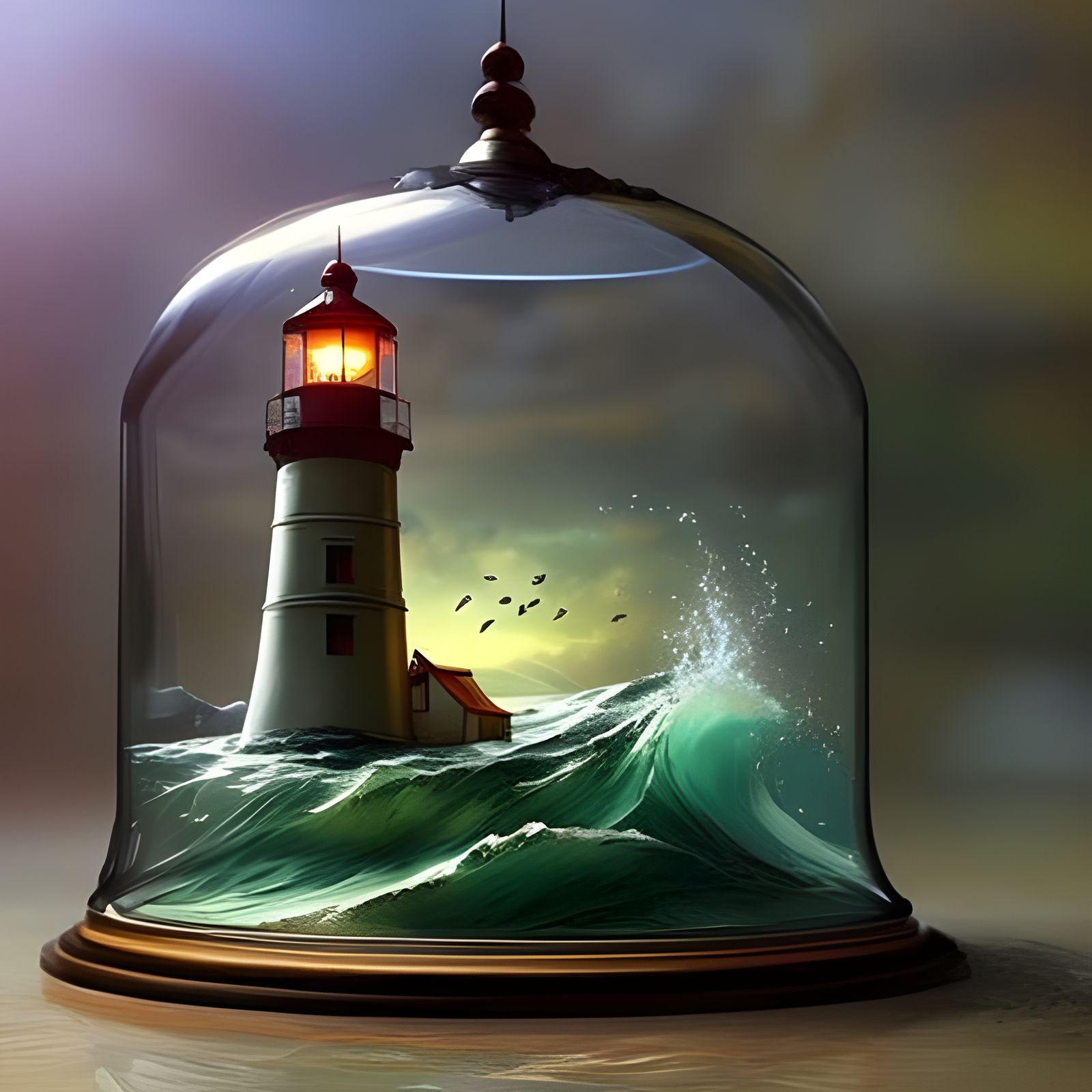 Lighthouse in Glass Cloche: Dreamy Digital Art