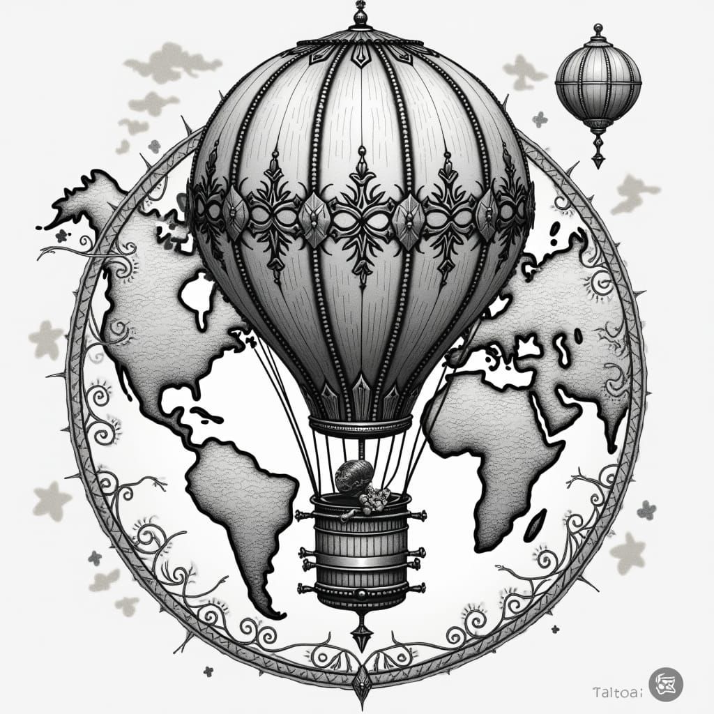 Hot Air Balloon Tattoo Design in Black and White