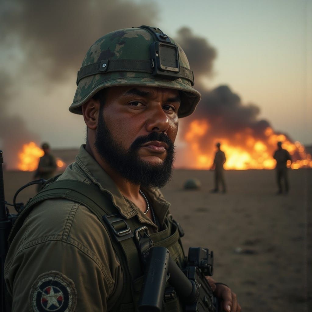 Soldier Walks Through War Zone in Cinematic Style