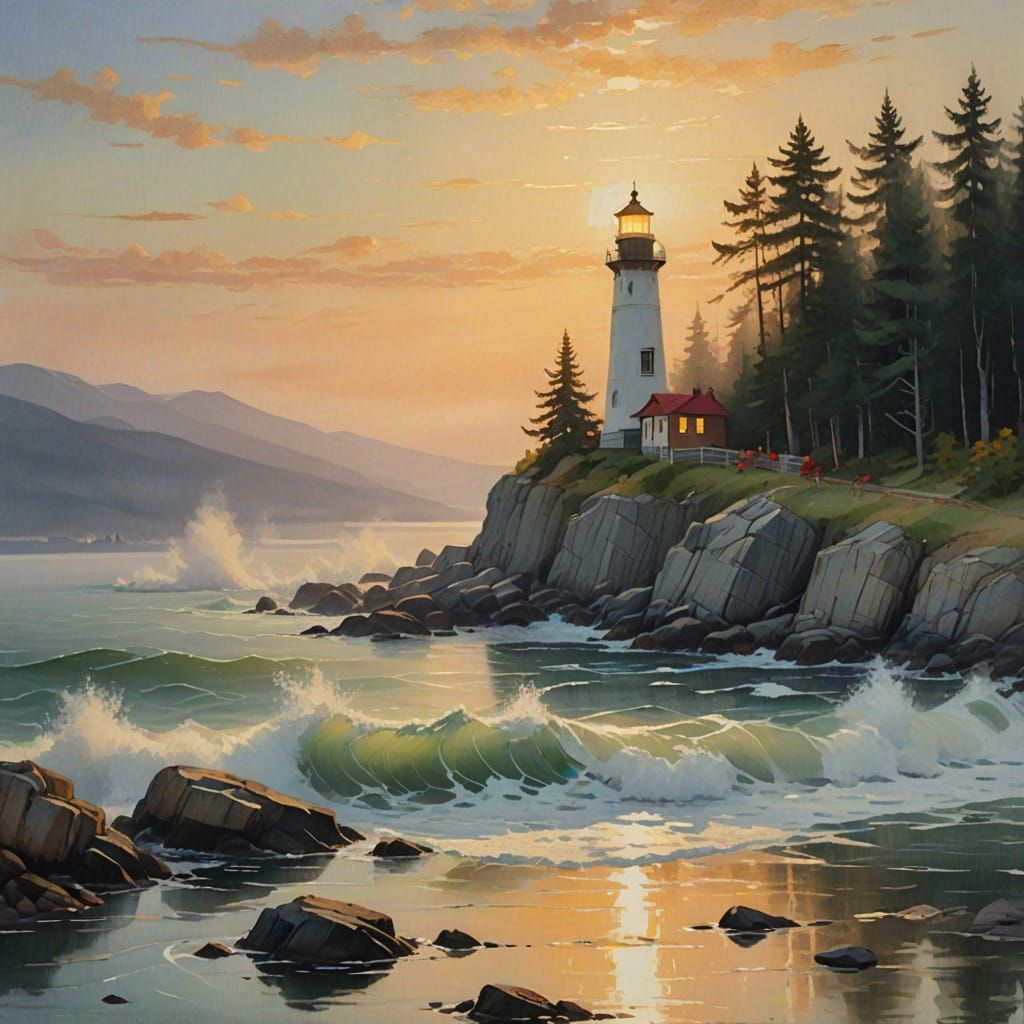 Impressionistic Lighthouse Scene with Golden Light