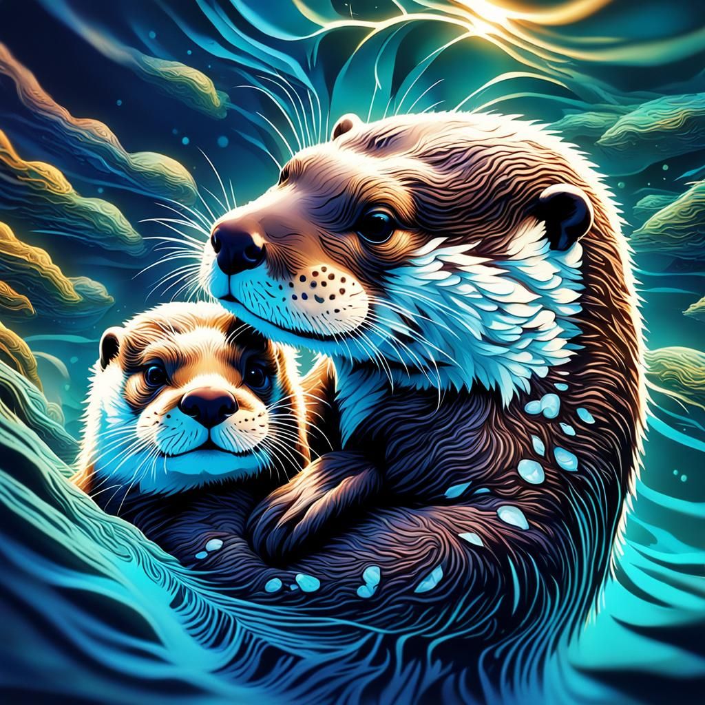 Mother Otter and Baby: A Photorealistic Portrait