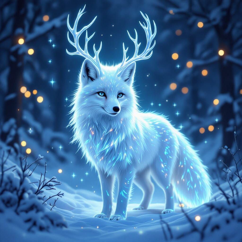 Bioluminescent Arctic Fox in Snowy Forest with Festive Glow