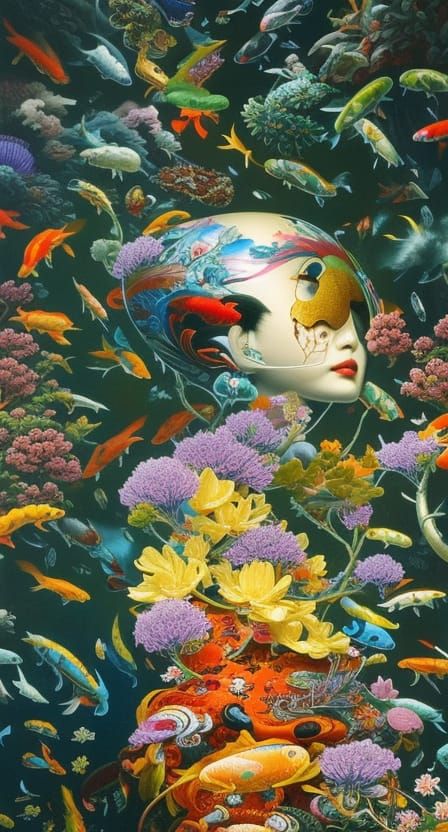 Surreal Anatomical Forms in Alien Koi Landscape