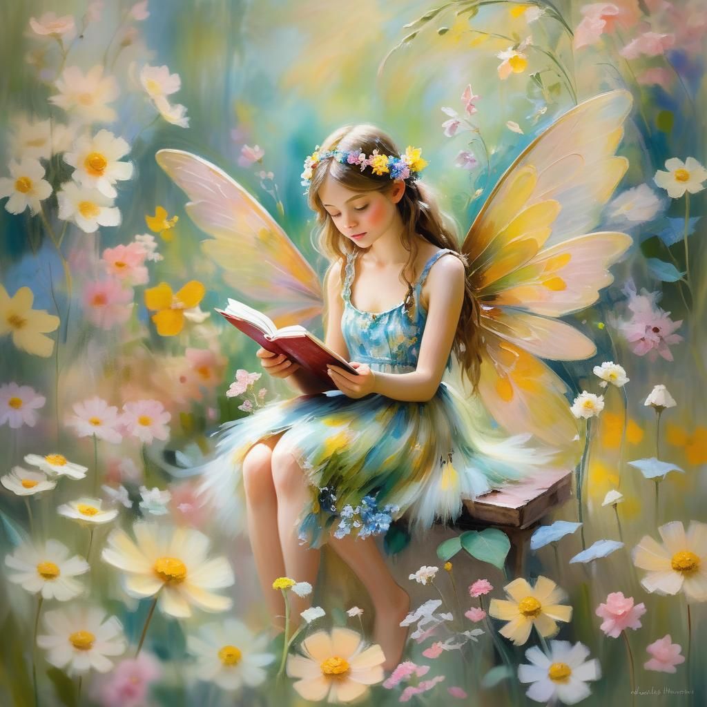 Impressionist Fairy Writing in Diary Amidst Flowers