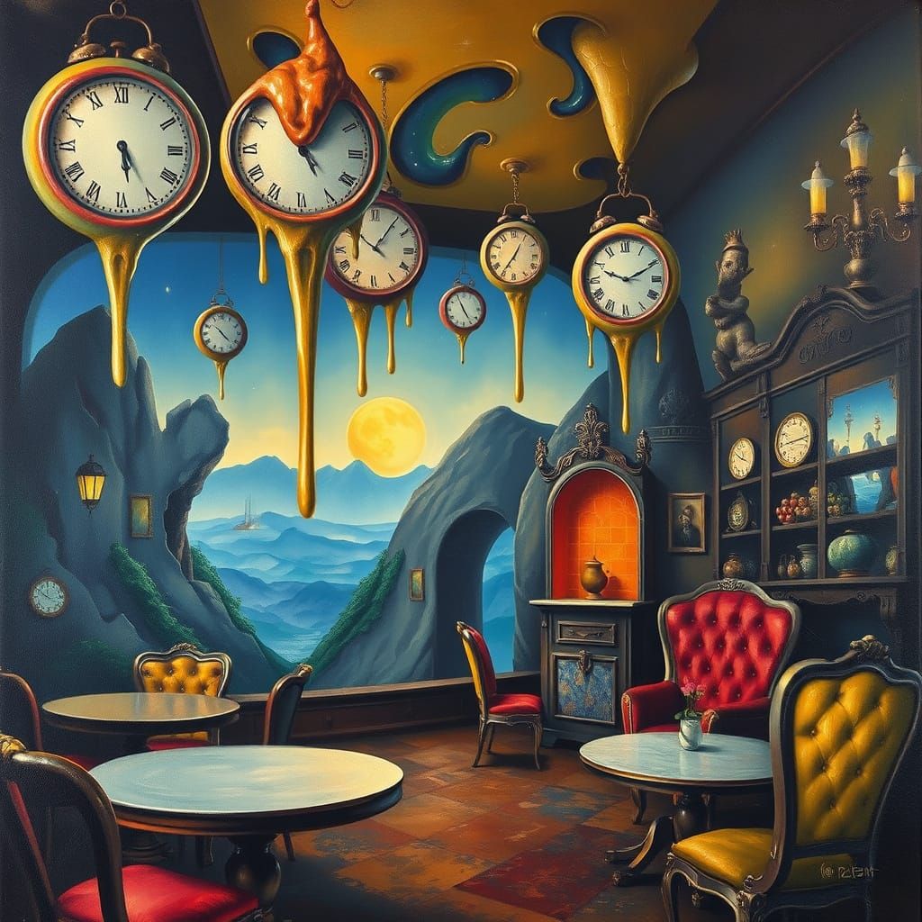 Surrealist Enchanted Cafe with Melting Clocks